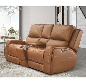 Belmont Lyric Caramel Leather 77" Zero Gravity Power Reclining Loveseat with Console and USB Charging