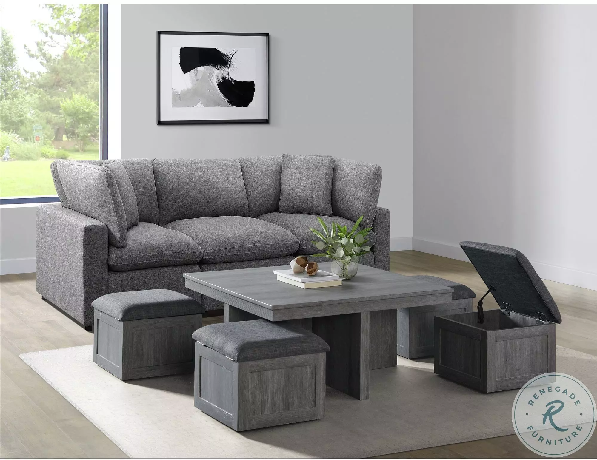 Dawson Light Grey Coffee Table with Four Storage Stools From Picket House Furnishings Coleman Furniture